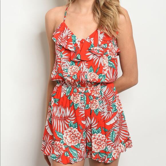 Red Ruffle Romper Tropical Floral - Picture 2 of 9